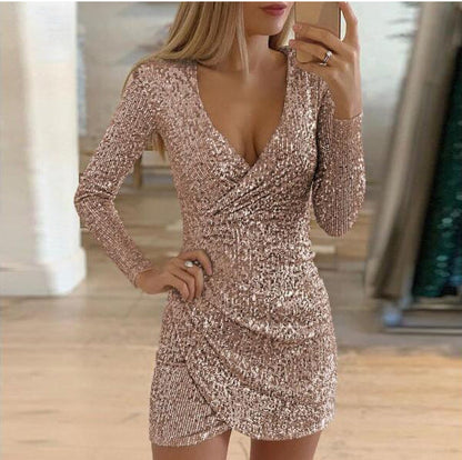 Sparkly V-Neck Bodycon Dress With Asymmetrical Hem