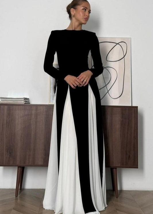 Two Tone Long Sleeve Maxi Dress In Black
