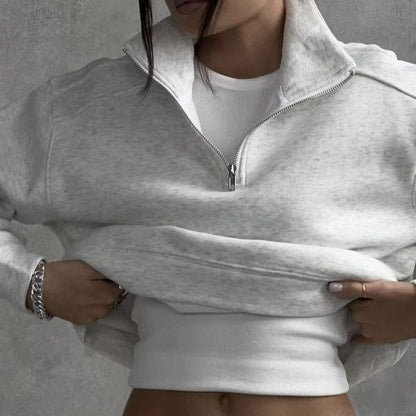 Casual Half Zipper Collared Long Sleeve Top