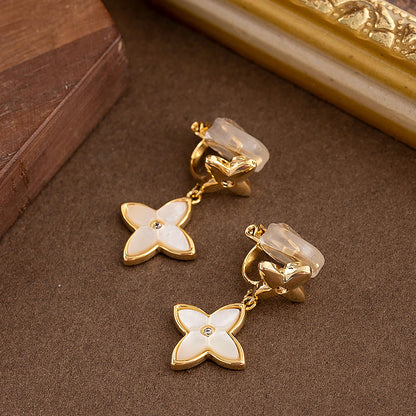 Classic Diamond-Studded Mother Of Pearl Shamrock Ear Clips For Women