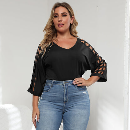 V-Neck Hollow Out Batwing Sleeve Plus Size Top