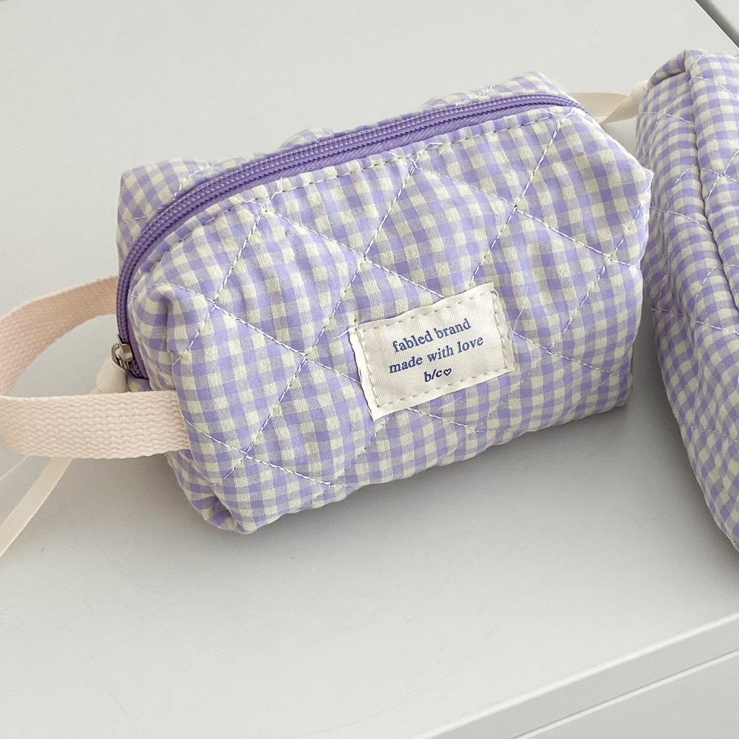 Berry Check Quilted Makeup Bag Large Capacity Cotton Cosmetic Organizer
