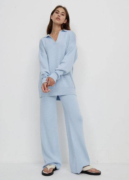 Soft Knit Two Piece Lounge Set With V Neckline