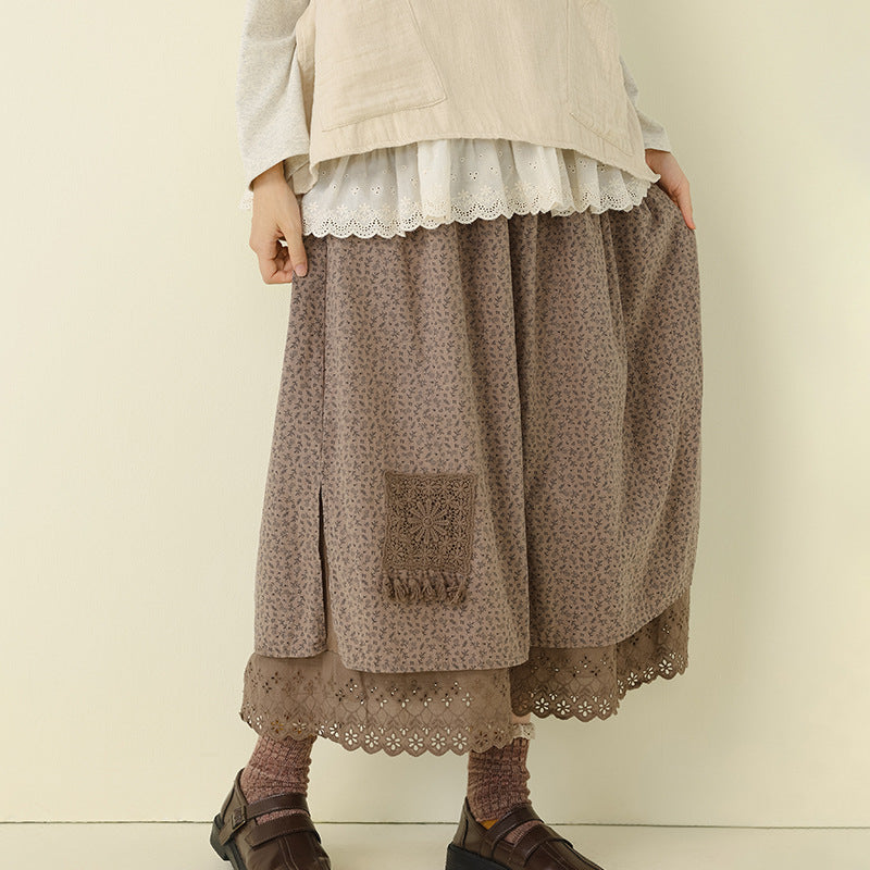 Floral Embroidered A-Line Midi Skirt Lightweight Casual Layered Skirt