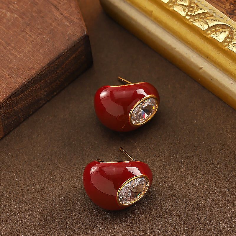Fashionable Zirkon Stone Enamel Drip Glaze Red Water Drop Earrings