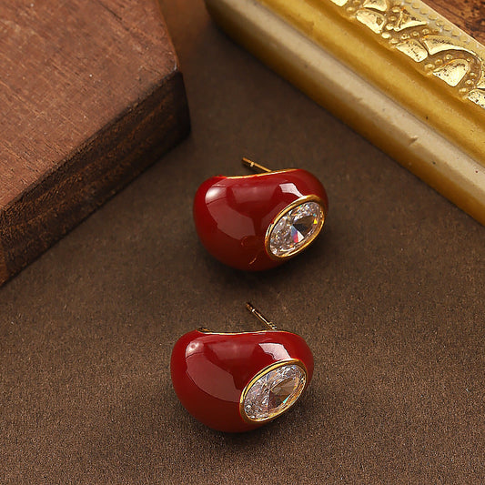 Fashionable Zirkon Stone Enamel Drip Glaze Red Water Drop Earrings