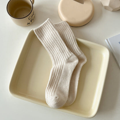 Solid Color Striped Thicken Plush Wool Crew Socks