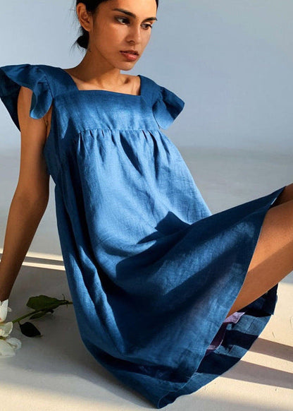 Linen Mini Dress With Flutter Sleeves And Square Neckline