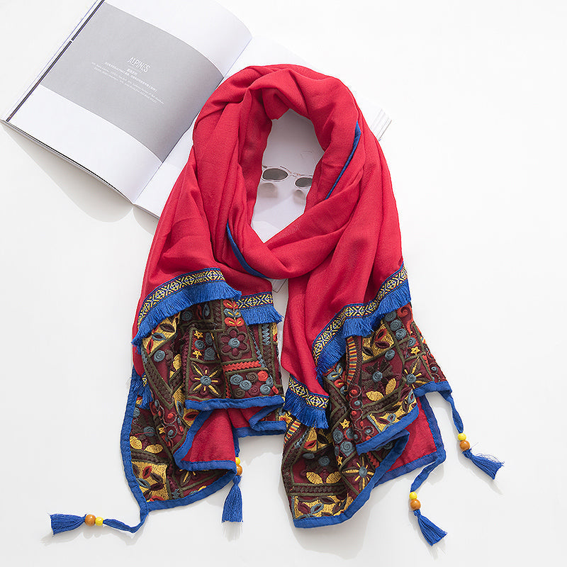 Ethnic Style Shawl Scarf Female Cotton Retro Embroidered Silk Scarf Spring And Autumn Versatile Embroidered Scarf