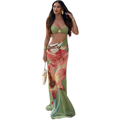 Sexy Crop Top Maxi Dress With Floral Print