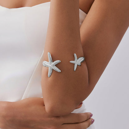 Ocean-Inspired Starfish Open Cuff Bracelet With Floral Design And Faux Pearls
