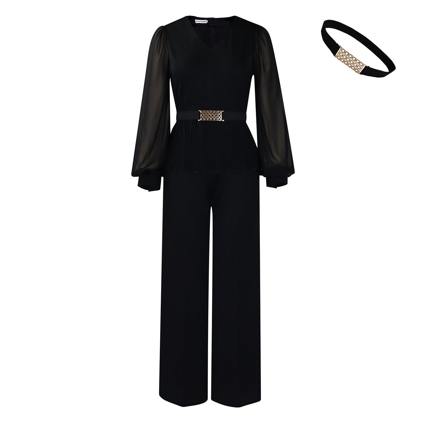 Elegant Fashion Office V-Neck Long Sleeve Ruched Waist Top And Wide Leg Pants Set