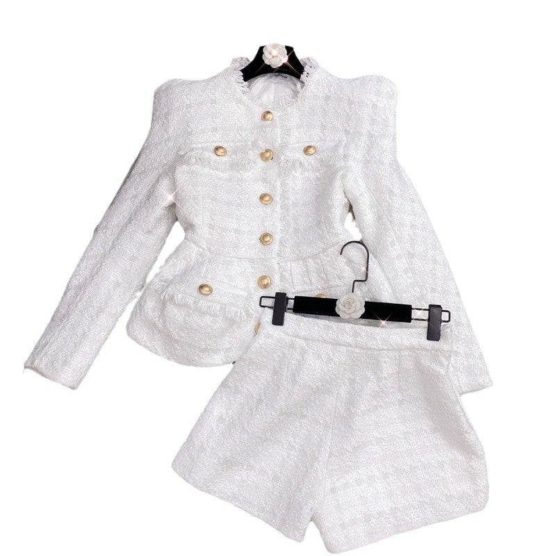 Pattern White Tweed Jacket & Shorts Set