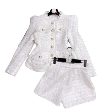 Pattern White Tweed Jacket & Shorts Set
