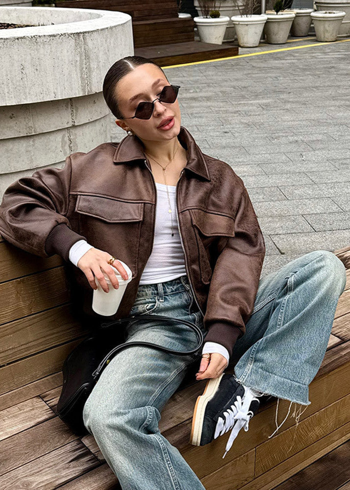 Distressed Faux Leather Zip Jacket With Utility Pockets