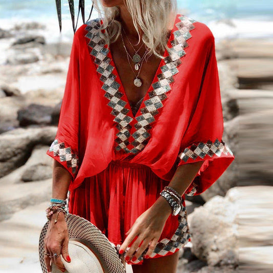 Floral Print Maxi Dress V-Neck Polyester Beachwear