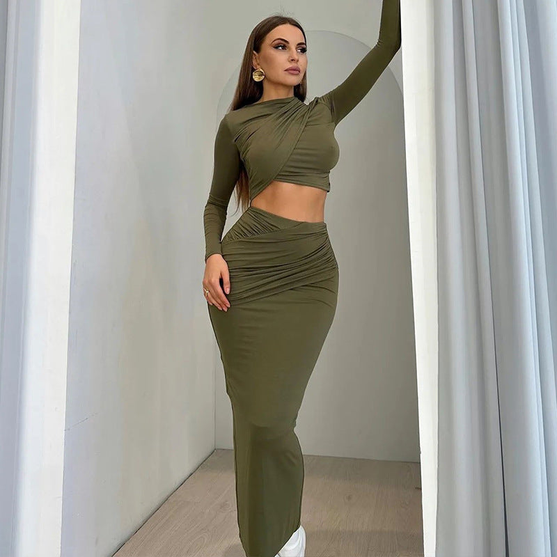 Trendy Casual Long Sleeve Crop Top And Midi Skirt Set