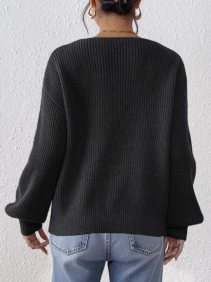 Ribbon Bow Detail V-Neck Sweater Casual Knit Top