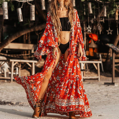 New Women'S Sexy Long Sleeve Mid Length Boho Print Dress