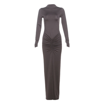 Elegant Solid Color Long Sleeve Maxi Dress With Ruching