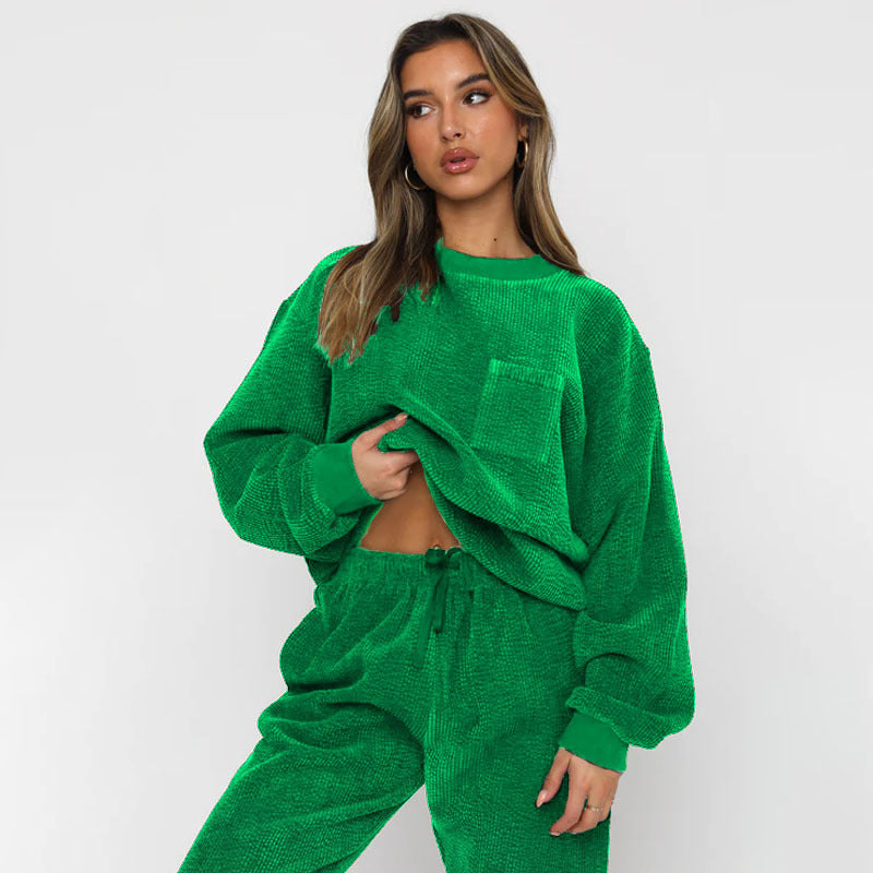 Solid Color Corduroy Casual Pullover Set