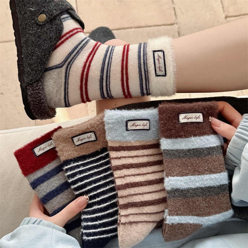 Striped Color Block Thermal Plush Crew Socks