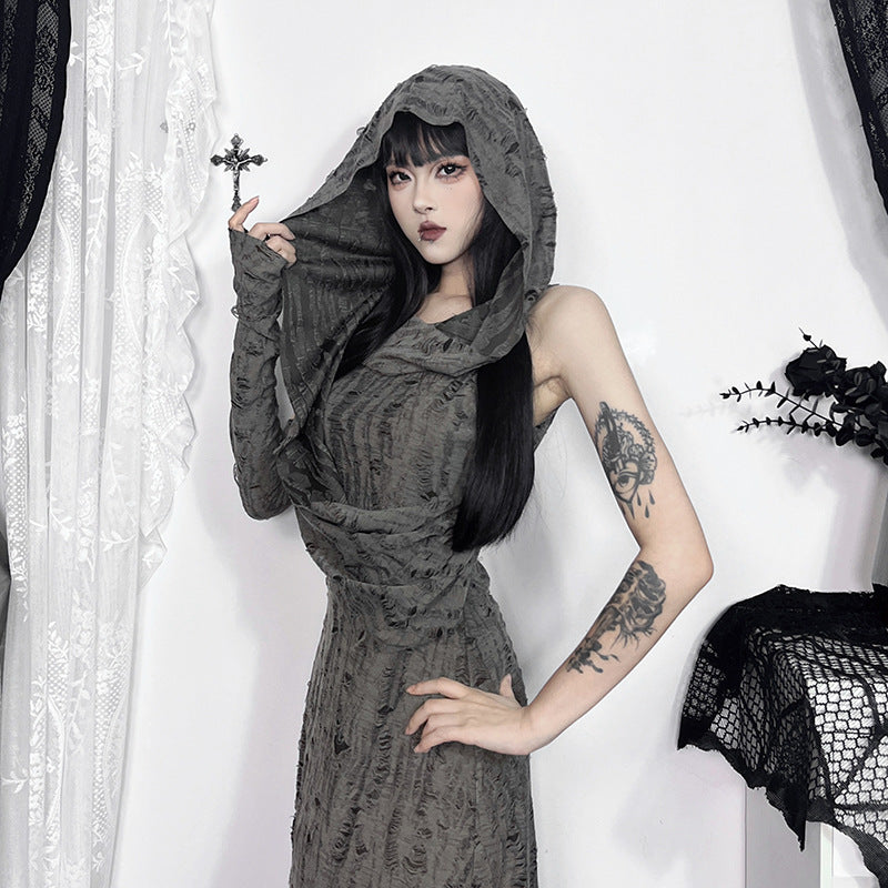 Hooded Long Dress with Side Slit in Solid Gray