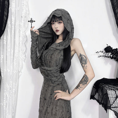 Hooded Long Dress with Side Slit in Solid Gray