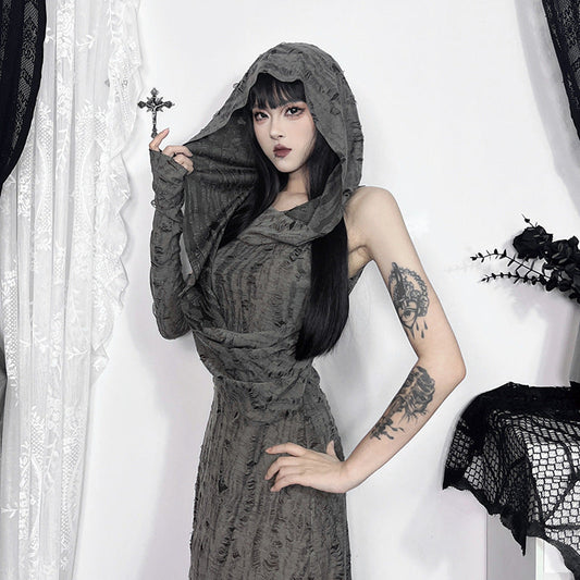 Hooded Long Dress with Side Slit in Solid Gray