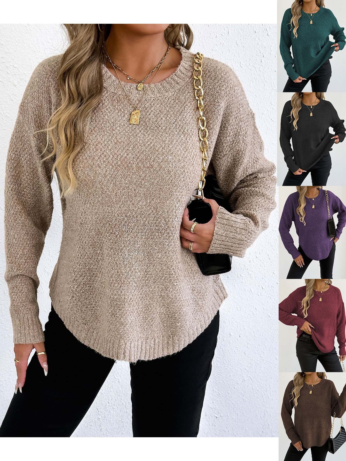 Women'S Casual Pullover Sweater Textured Fleece Round Neck