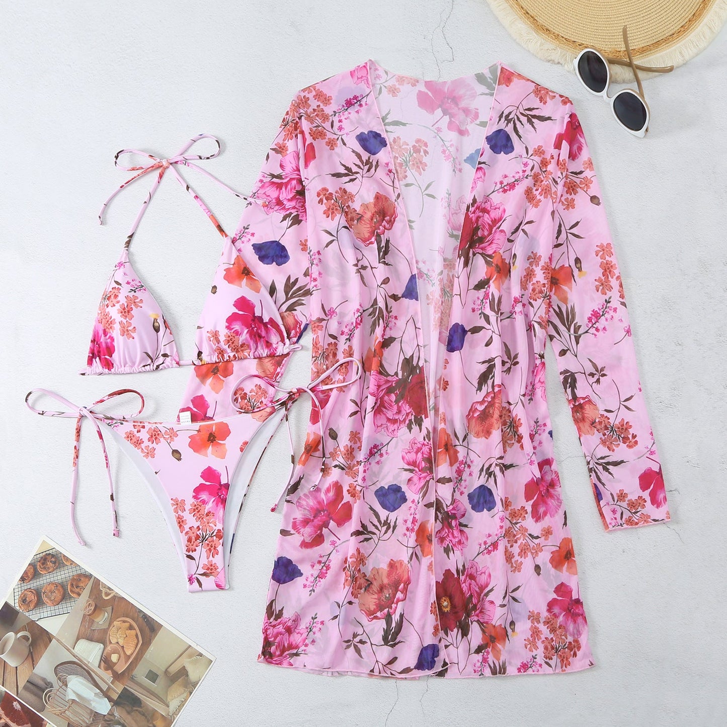 5 Colors Swimwear Printed Mesh Three-Piece Cover-Up Bikini Swimsuit