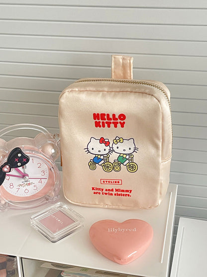 Cat Print Satin Cosmetic Bag Cute Cartoon Travel Organizer