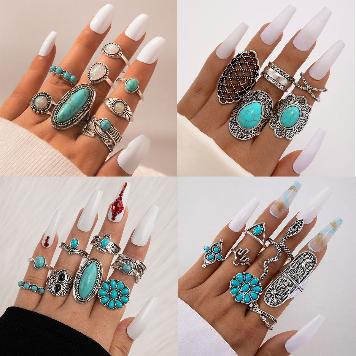 Bohemian Style Carved Feather Turquoise Ring Set