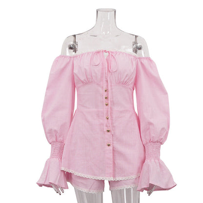 Pink Lace Trim Off-Shoulder Blouse and Shorts Set