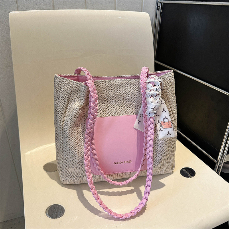 Woven Straw Tote Bag Stylish Casual Large Capacity Shoulder Bag