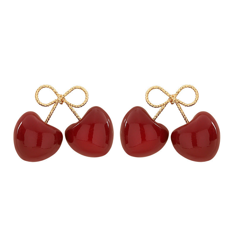 French Cherry Pearl Earrings Stylish Silver Needle Ear Studs