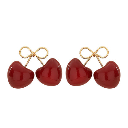 French Cherry Pearl Earrings Stylish Silver Needle Ear Studs