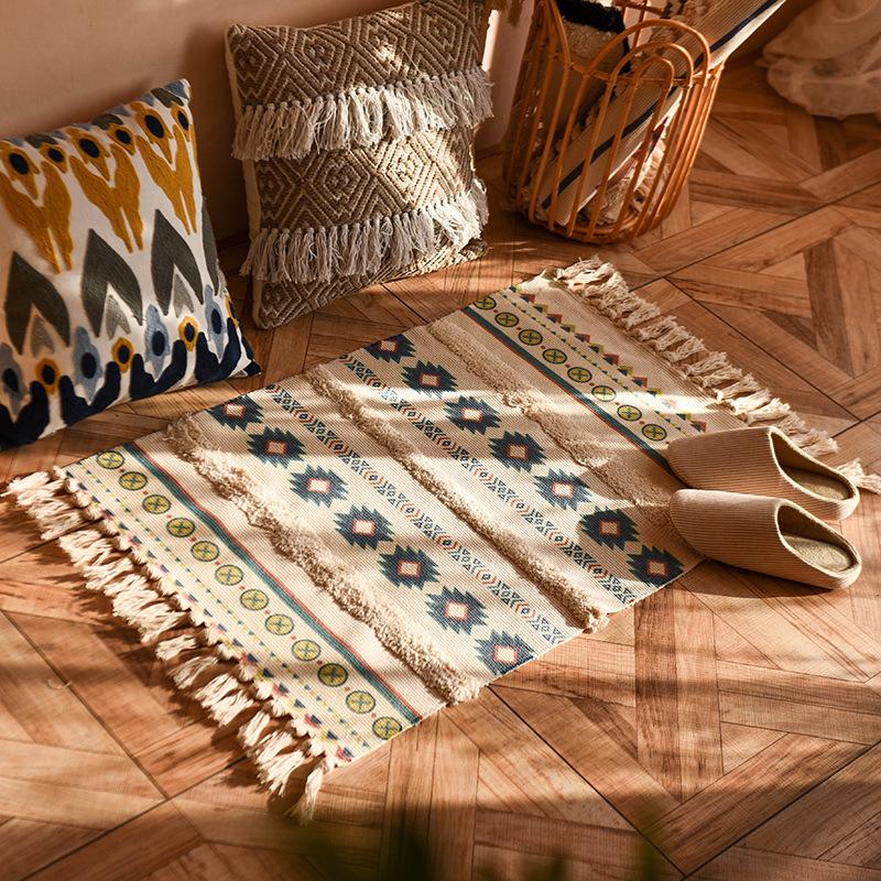 Nordic Style Cotton Tassel Woven Floor Mats Bedroom Bedside Mats Simple Modern Carpets