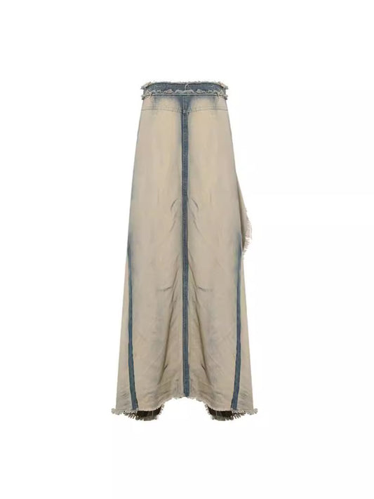 Distressed Wash Denim Split Midi Skirt Trendy Street Style