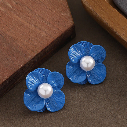 Chic Klein Blue Floral Pearl Earrings With Silver Pins