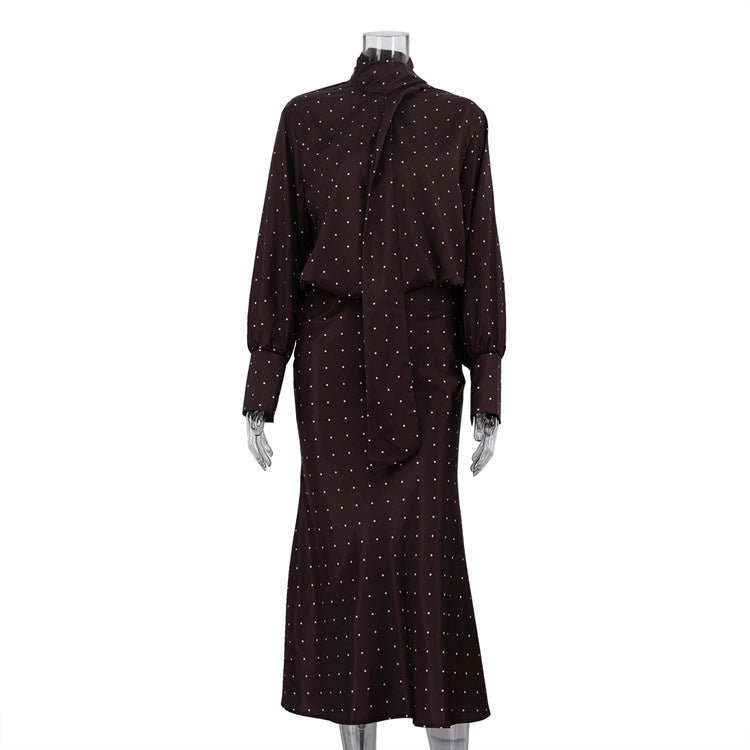 Elegant Polka Dot Satin Skirt Set with Long Sleeve Tie Blouse