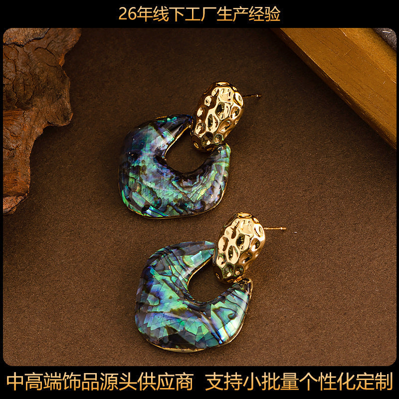 Trendy Geometric Abalone Shell Earrings With Silver Needle