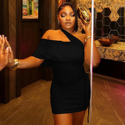 Color Block Bodycon Dress Off-Shoulder Asymmetrical Fashion