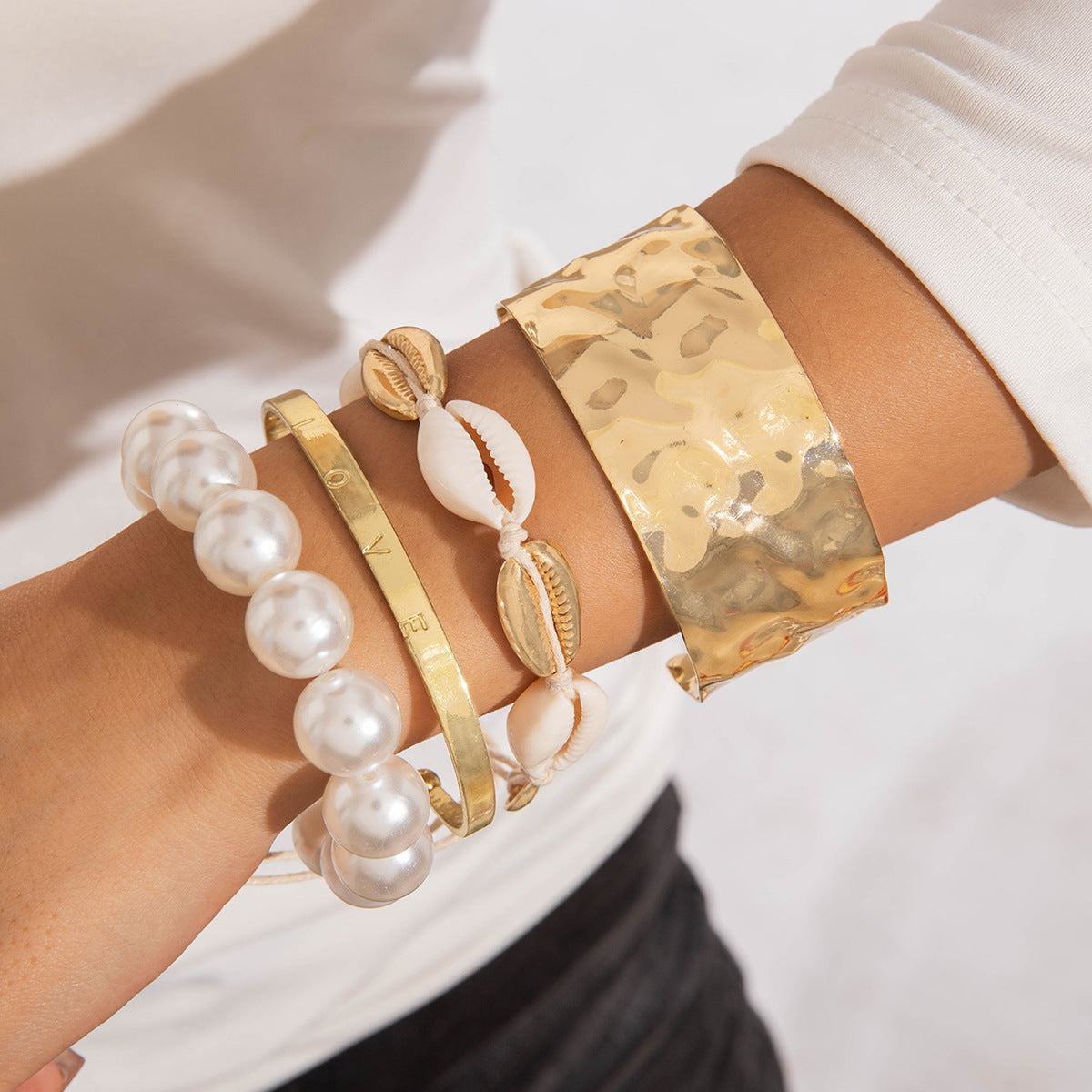 Layered Geometric Statement Cuff Bracelet Set