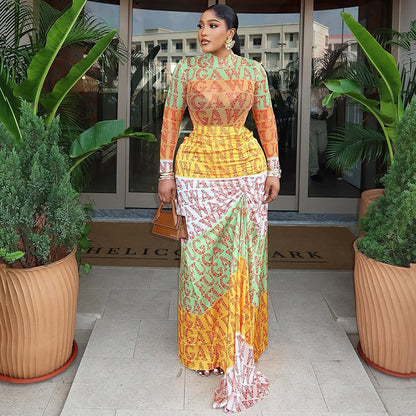 Elegant Printed Bodycon Dress With High Neck Long Sleeves
