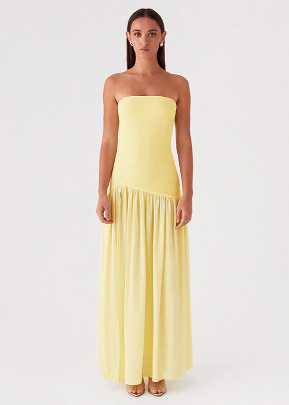 Strapless Yellow Maxi Dress With Side Slit