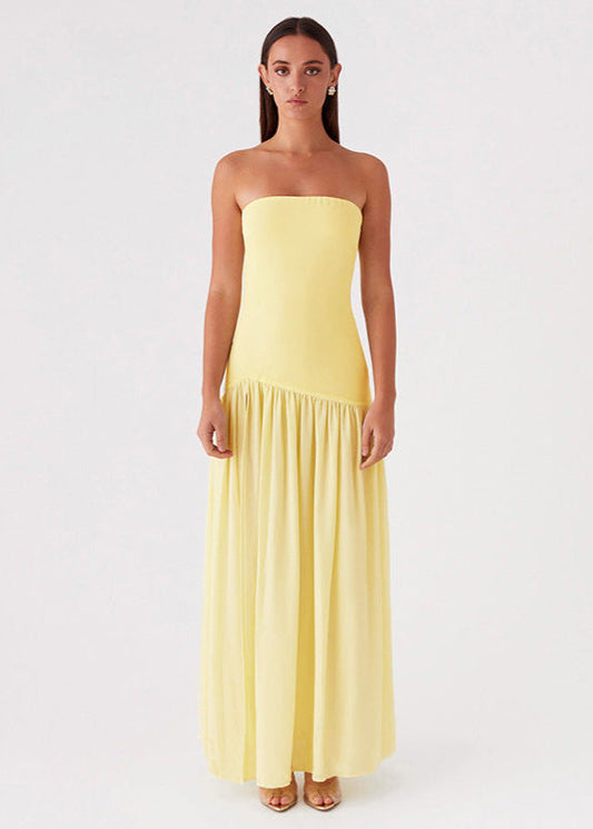 Strapless Yellow Maxi Dress With Side Slit