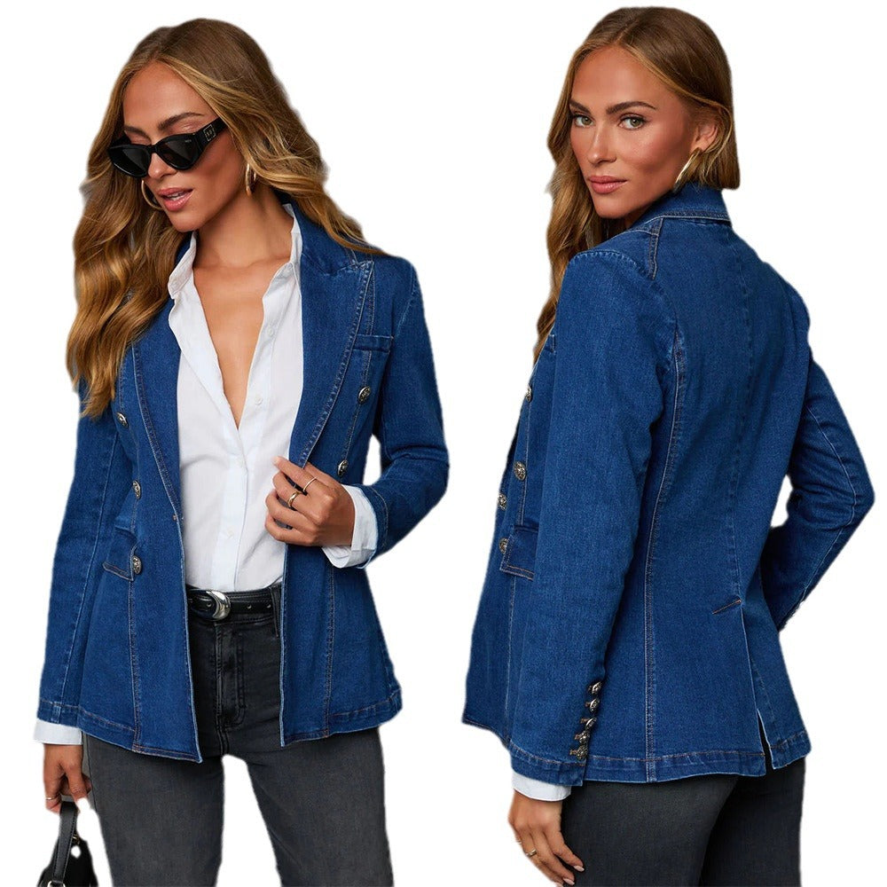 Trendy Casual Wash Blue Denim Blazer for Women
