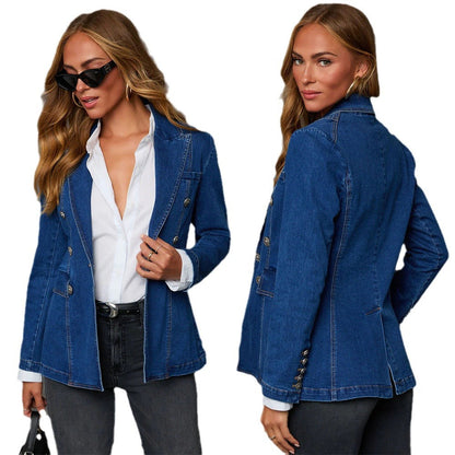 Trendy Casual Wash Blue Denim Blazer for Women