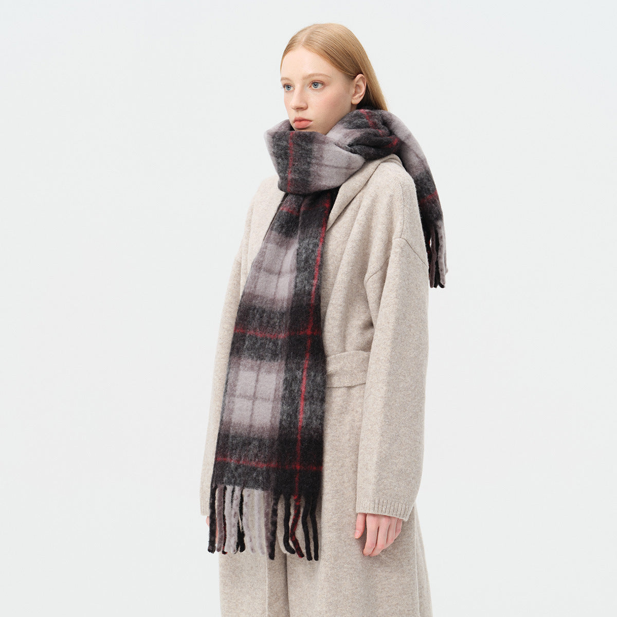 Japanese-Inspired Plaid Scarf Soft Wool Blend Shawl
